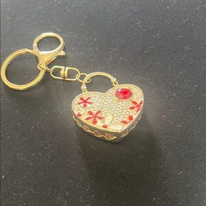Gold Heart Keychain with Red Floral Accents